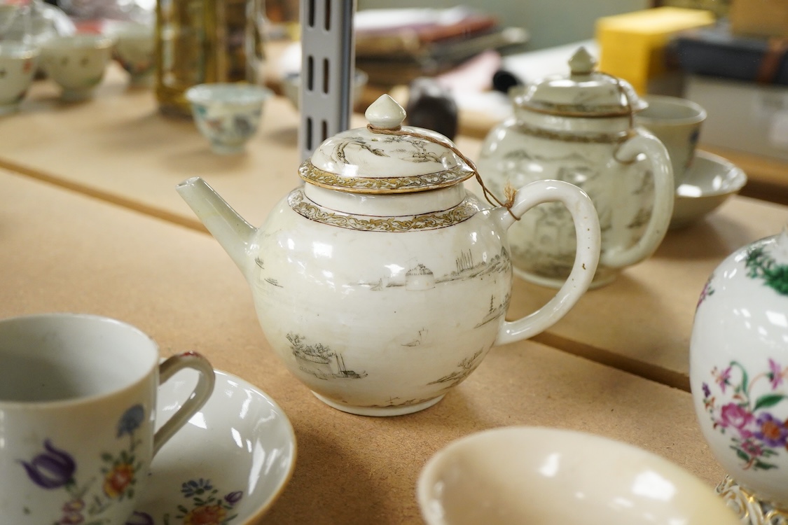 18th century Chinese porcelain tea wares - a grisaille decorated teapot and cover - 13cm high, a famille rose tea caddy, cup and saucer and a Kangxi blanc de chine libation cup